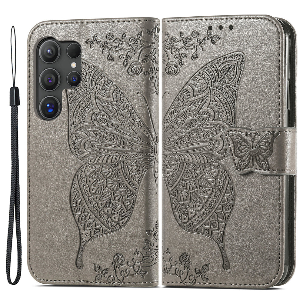 For Samsung Galaxy S24 Ultra Flip Folio Cover with Butterfly Pattern Leather Stand Phone Case - Grey