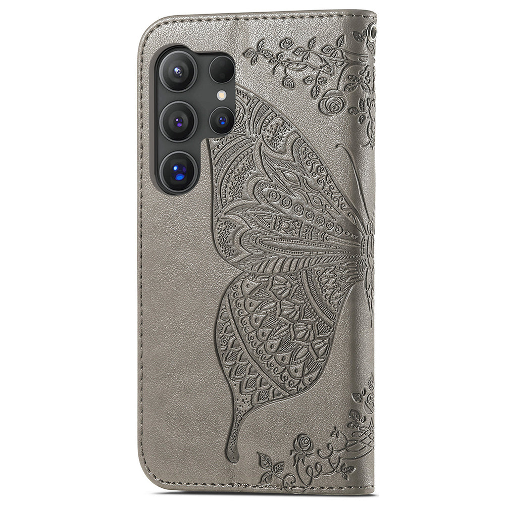 For Samsung Galaxy S24 Ultra Flip Folio Cover with Butterfly Pattern Leather Stand Phone Case - Grey