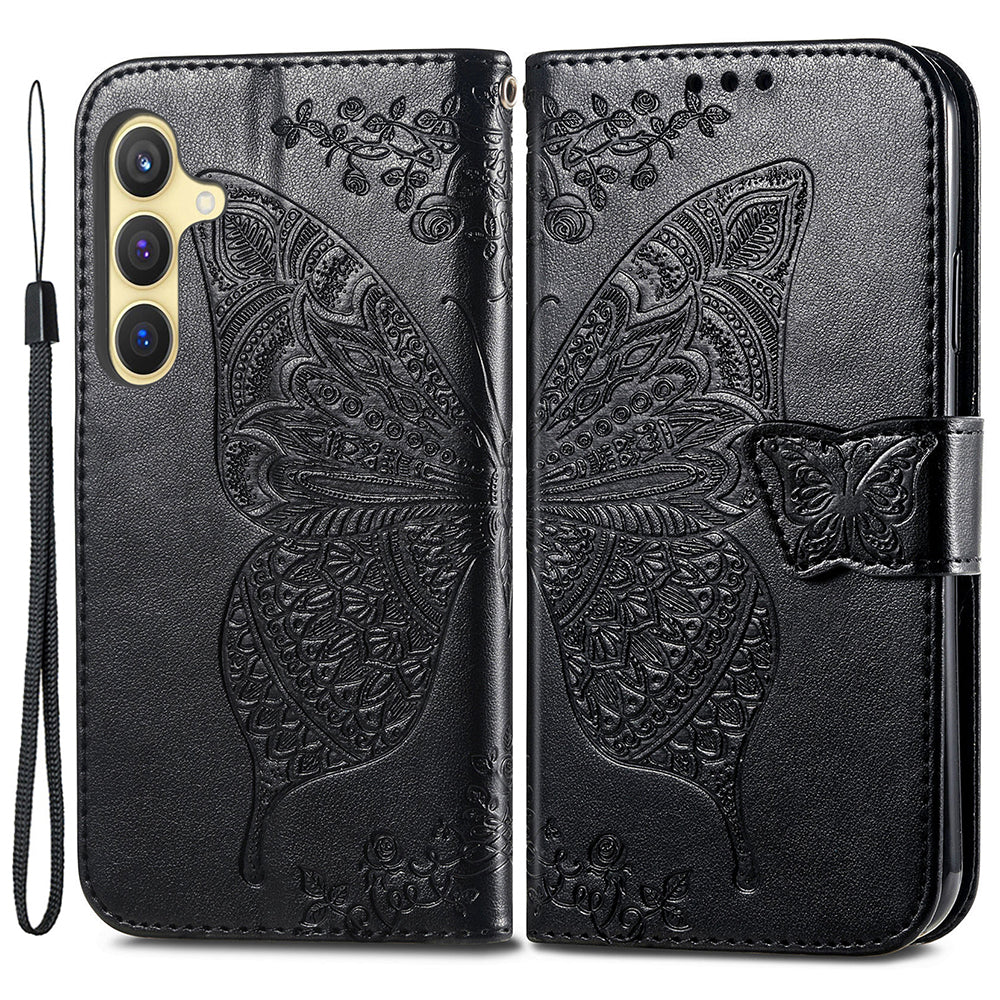 Wallet Case for Samsung Galaxy S24+ Butterfly Imprinted Leather Folio Phone Cover Stand - Black
