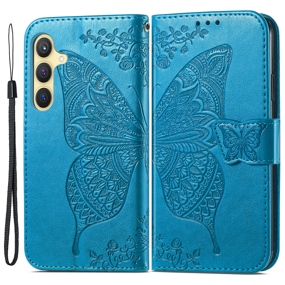 Wallet Case for Samsung Galaxy S24+ Butterfly Imprinted Leather Folio Phone Cover Stand - Blue