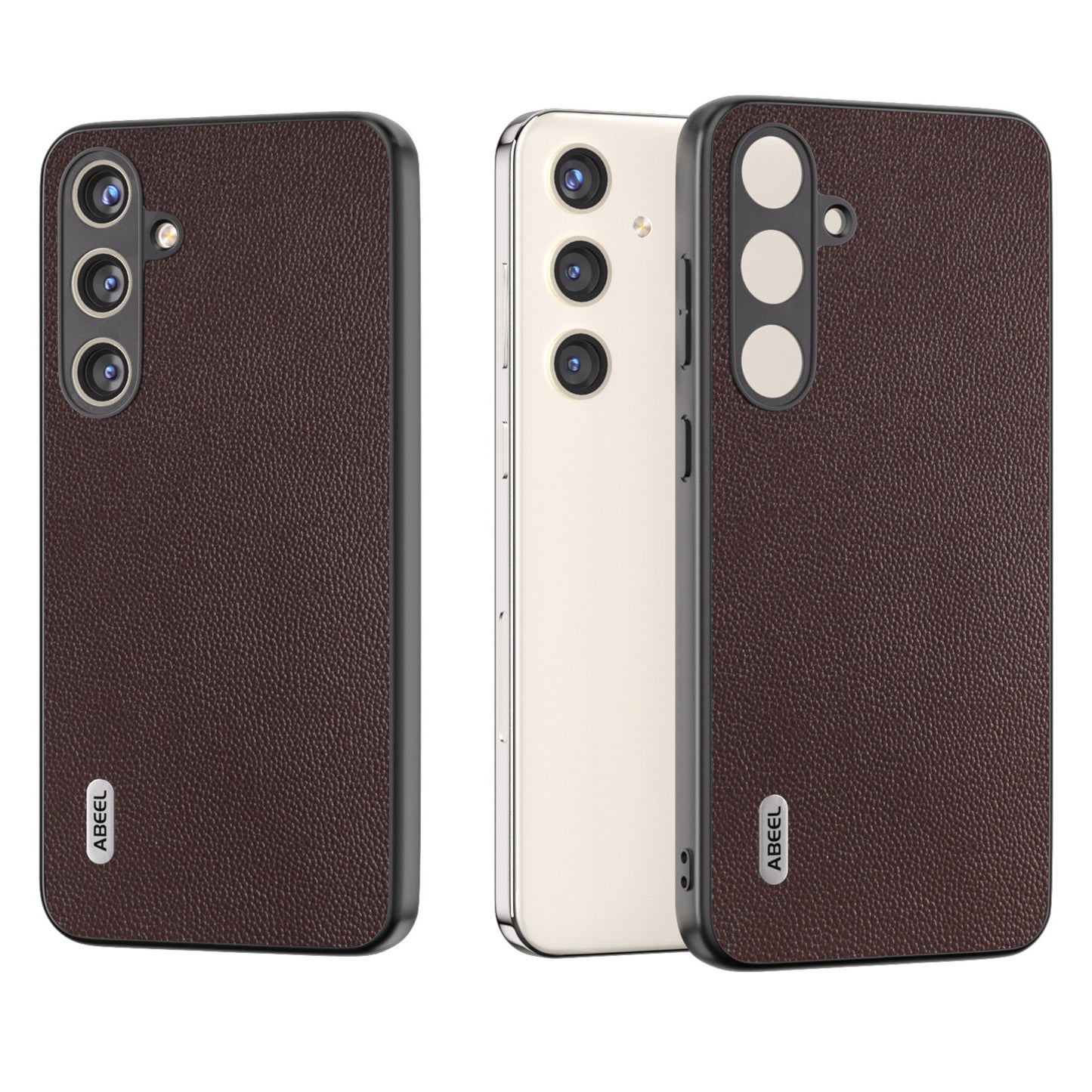 ABEEL For Samsung Galaxy S24 Case Genuine Cow Leather+PC Scratch-resistant Phone Protector - Coffee