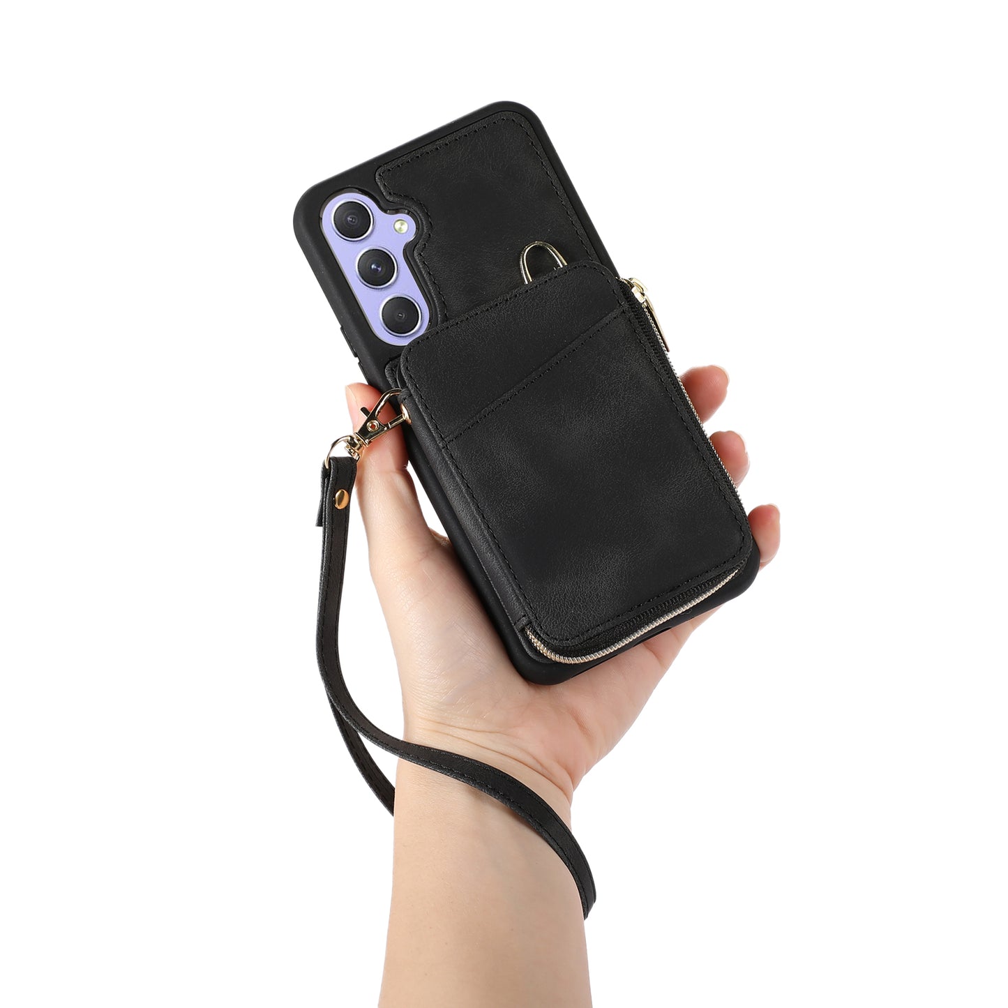 For Samsung Galaxy S24 Case Card Bag Leather TPU Back Cover with Strap - Black