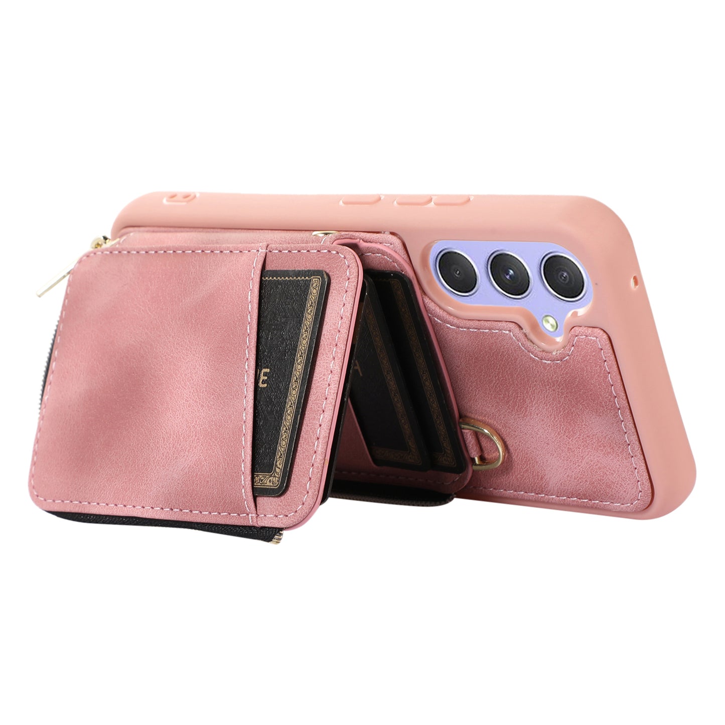 For Samsung Galaxy S24 Case Card Bag Leather TPU Back Cover with Strap - Pink