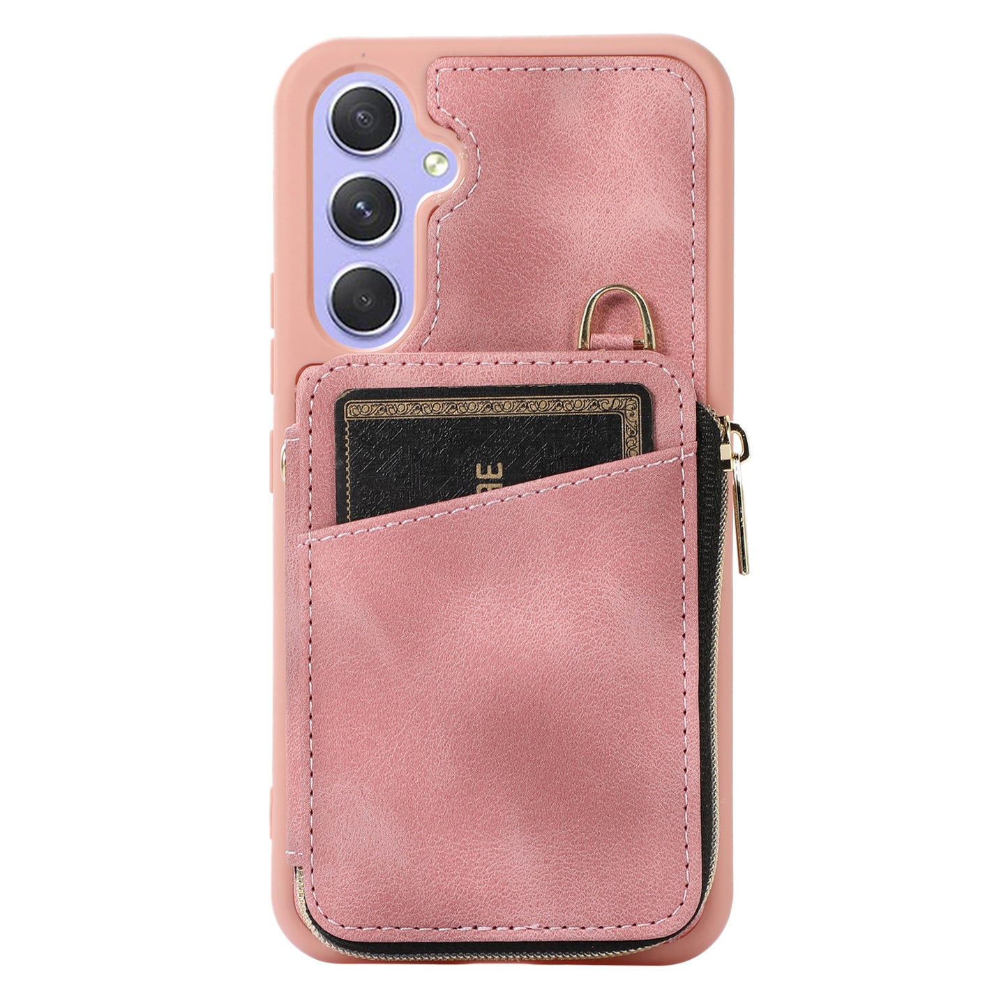 For Samsung Galaxy S24 Case Card Bag Leather TPU Back Cover with Strap - Pink