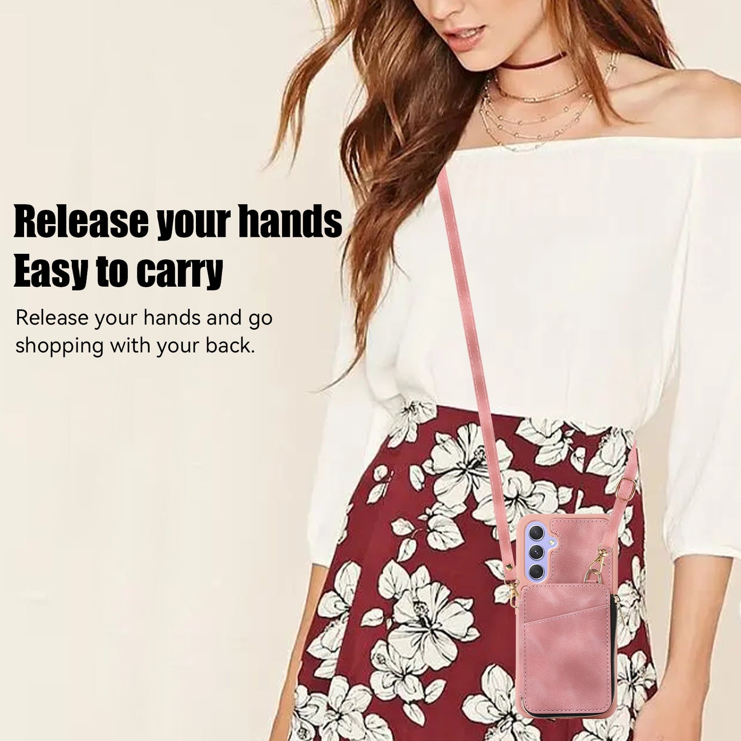 For Samsung Galaxy S24 Case Card Bag Leather TPU Back Cover with Strap - Pink