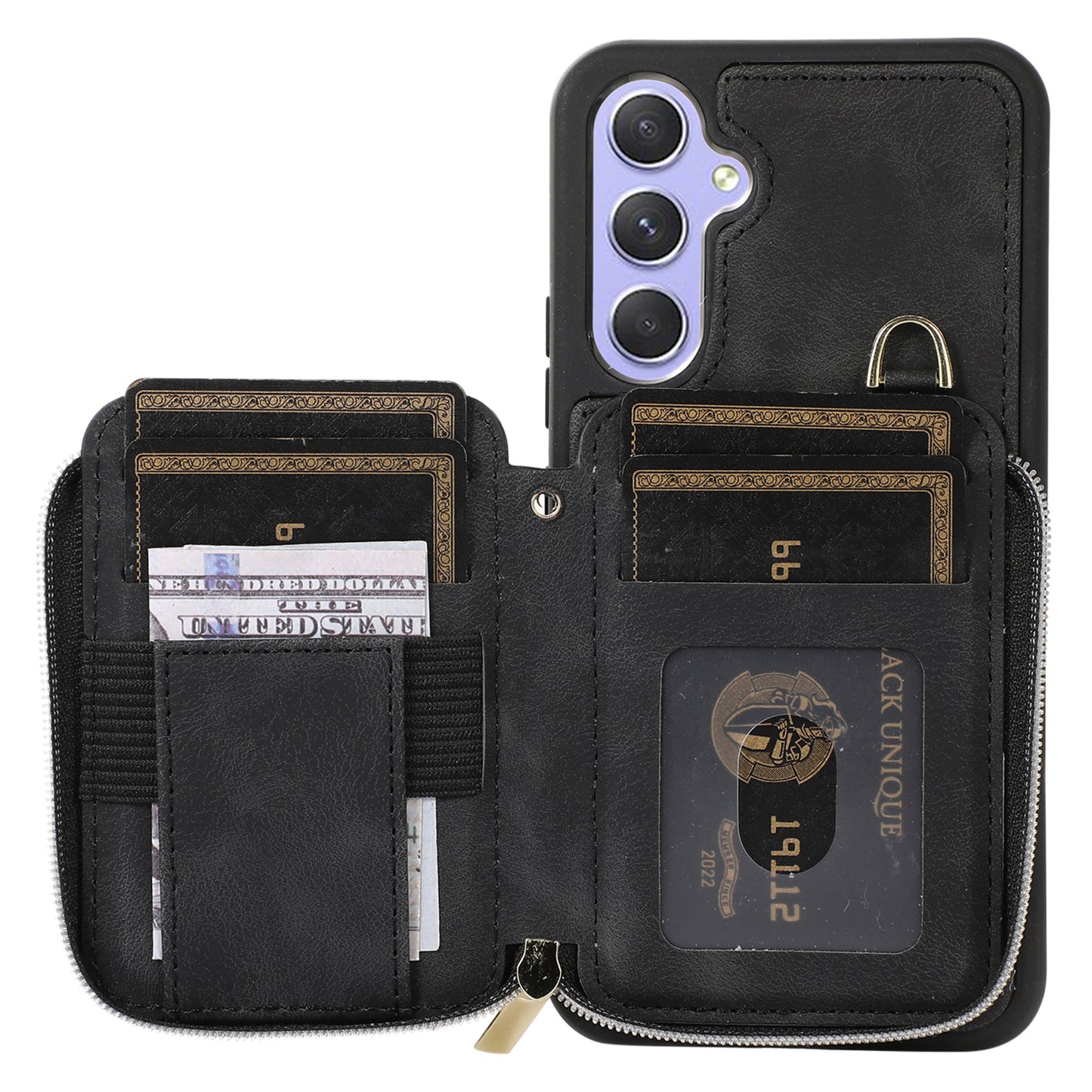 For Samsung Galaxy S24+ Case Leather TPU Cover with Zipper Card Bag Strap - Black
