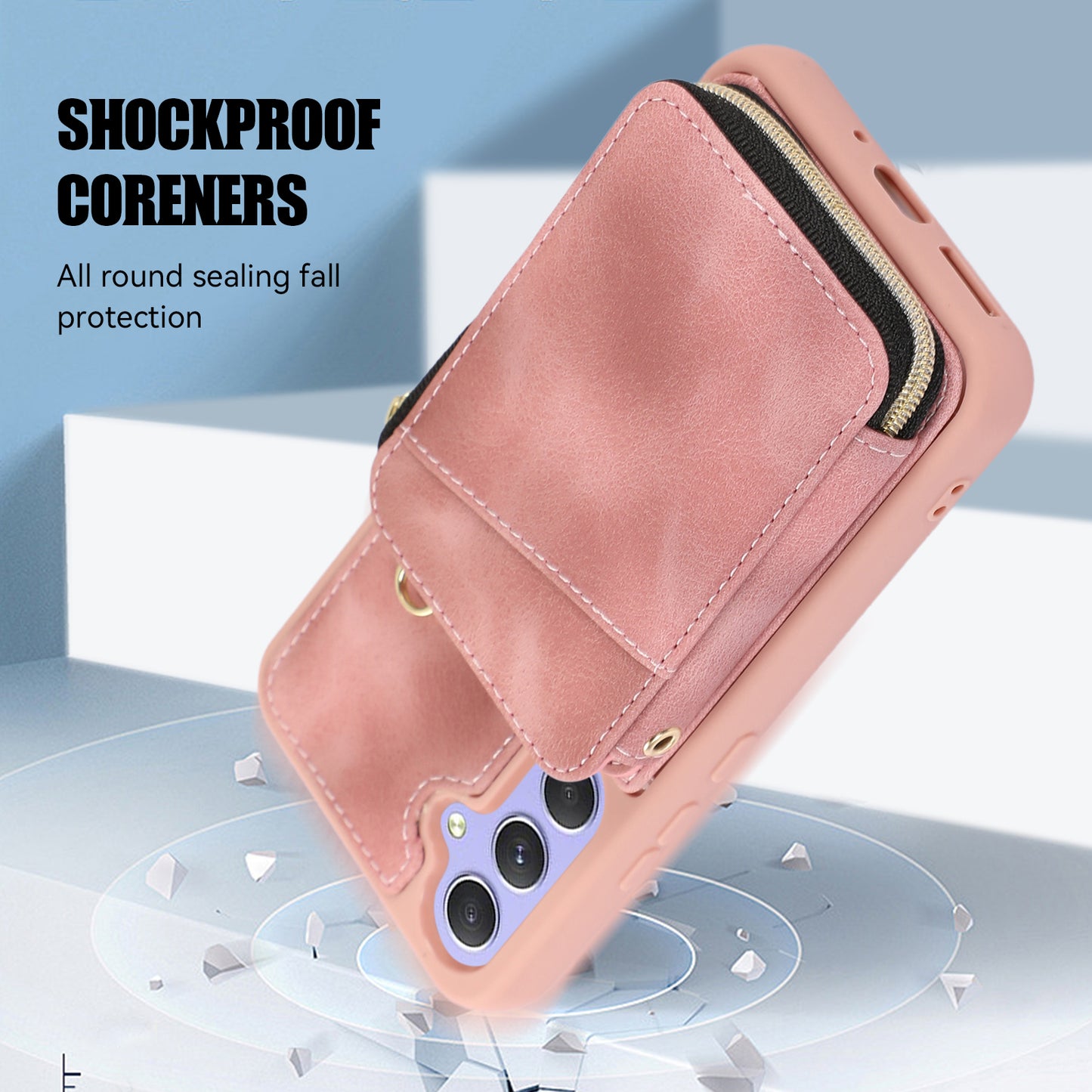 For Samsung Galaxy S24+ Case Leather TPU Cover with Zipper Card Bag Strap - Pink