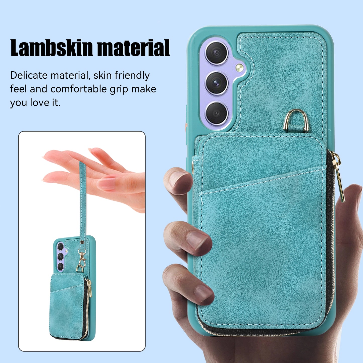 For Samsung Galaxy S24+ Case Leather TPU Cover with Zipper Card Bag Strap - Green
