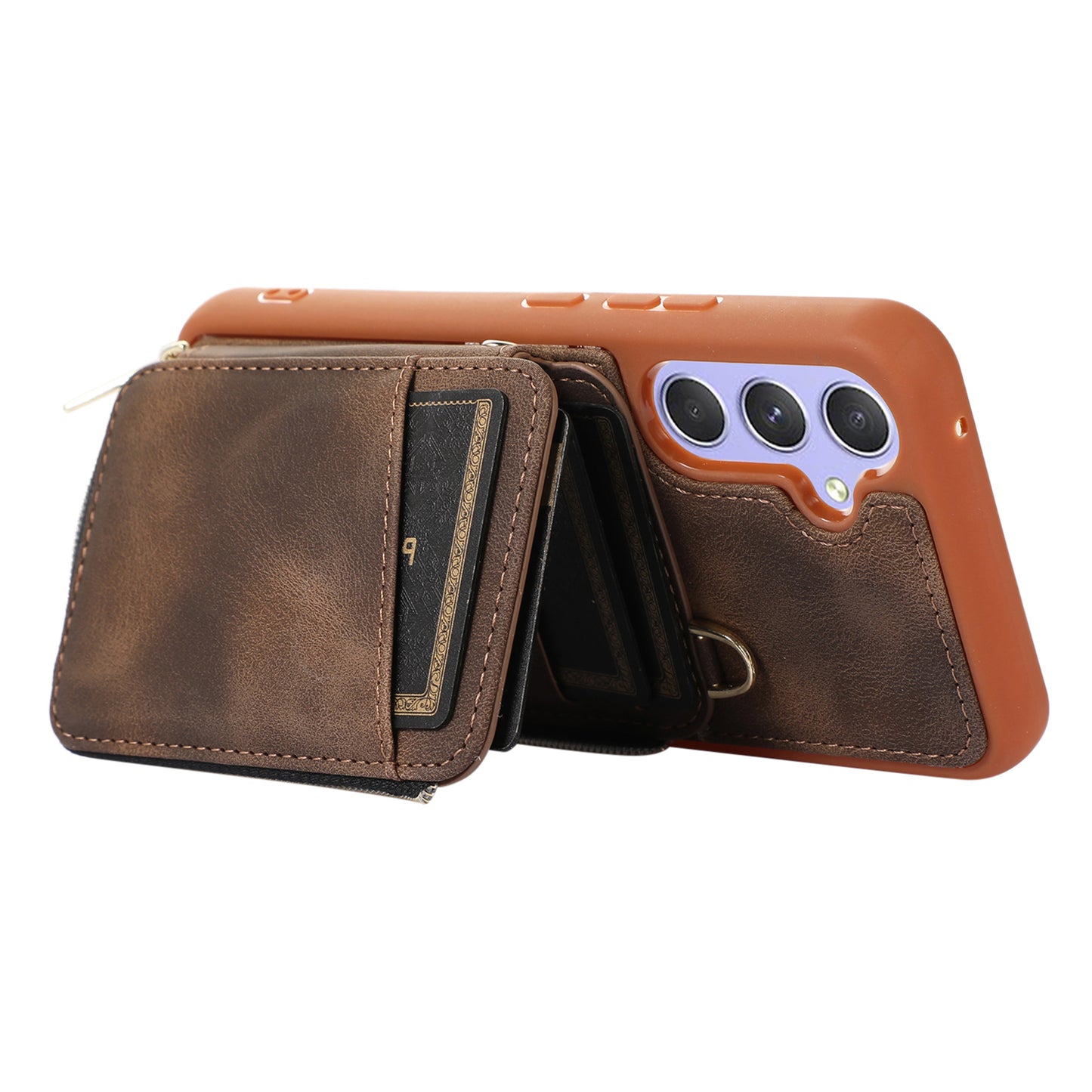 For Samsung Galaxy S24+ Case Leather TPU Cover with Zipper Card Bag Strap - Brown