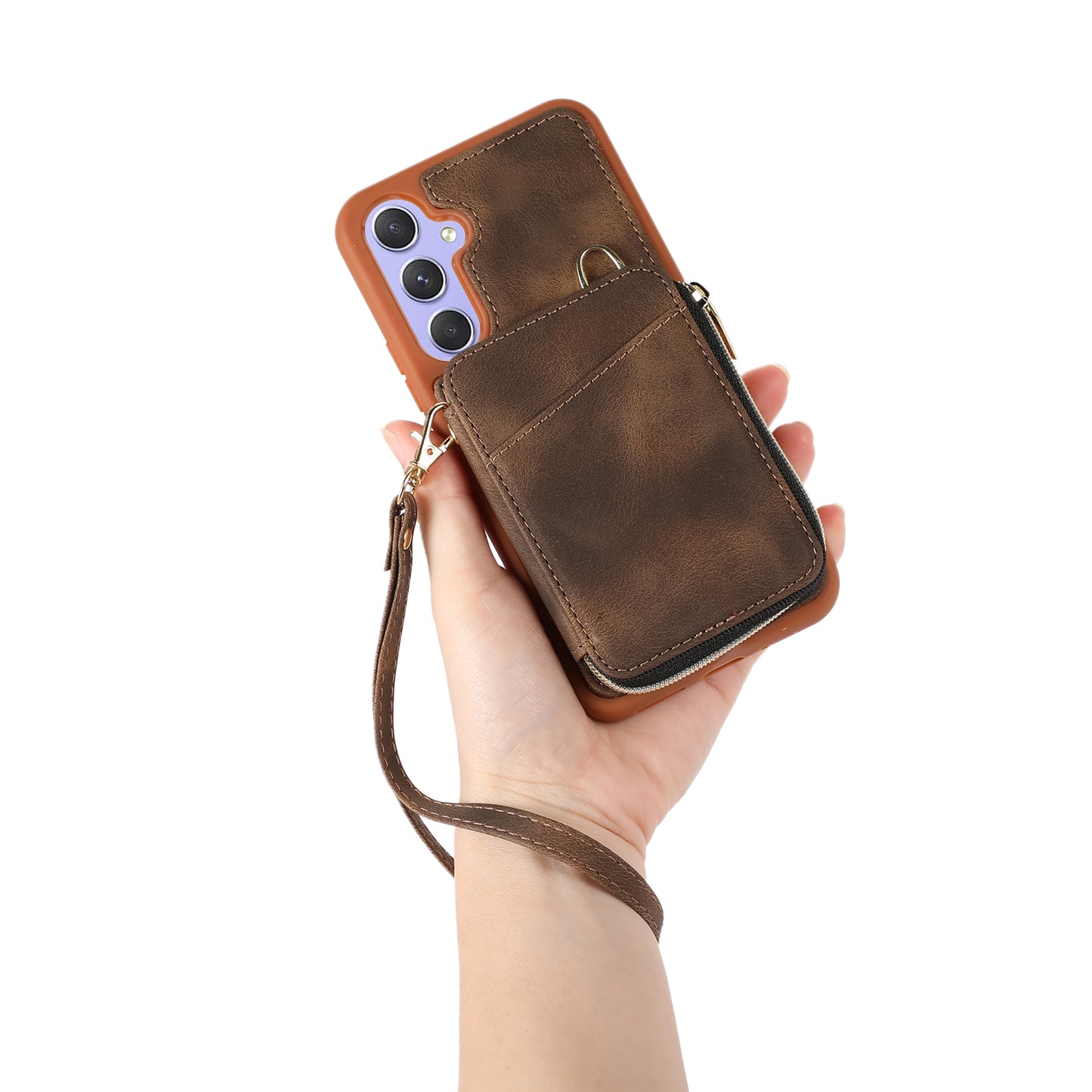 For Samsung Galaxy S24+ Case Leather TPU Cover with Zipper Card Bag Strap - Brown