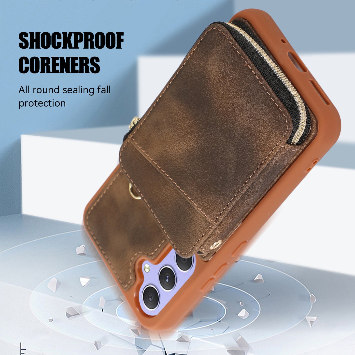 For Samsung Galaxy S24+ Case Leather TPU Cover with Zipper Card Bag Strap - Brown