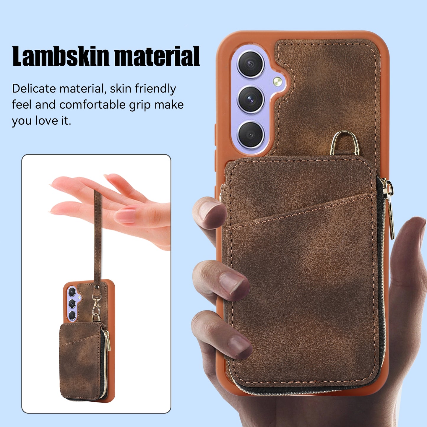For Samsung Galaxy S24+ Case Leather TPU Cover with Zipper Card Bag Strap - Brown