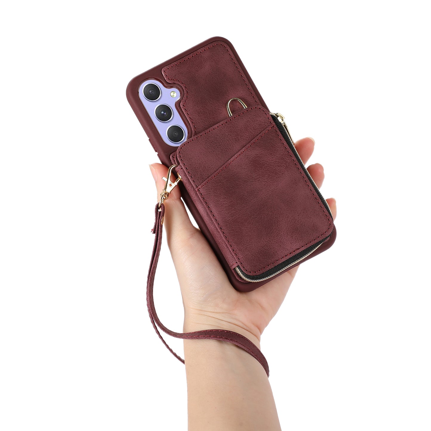 For Samsung Galaxy S24+ Case Leather TPU Cover with Zipper Card Bag Strap - Wine Red