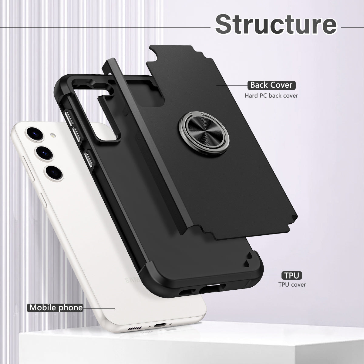 For Samsung Galaxy S24+ Hybrid Case PC+TPU Phone Back Cover Protector with Kickstand - Black
