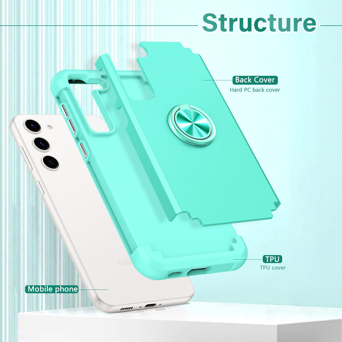 For Samsung Galaxy S24+ Hybrid Case PC+TPU Phone Back Cover Protector with Kickstand - Mint Green
