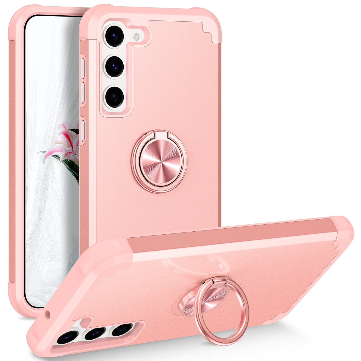 For Samsung Galaxy S24+ Hybrid Case PC+TPU Phone Back Cover Protector with Kickstand - Rose Gold