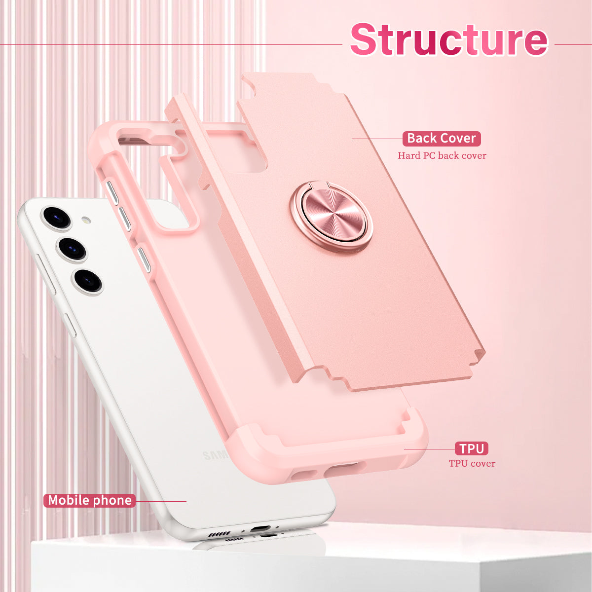 For Samsung Galaxy S24+ Hybrid Case PC+TPU Phone Back Cover Protector with Kickstand - Rose Gold