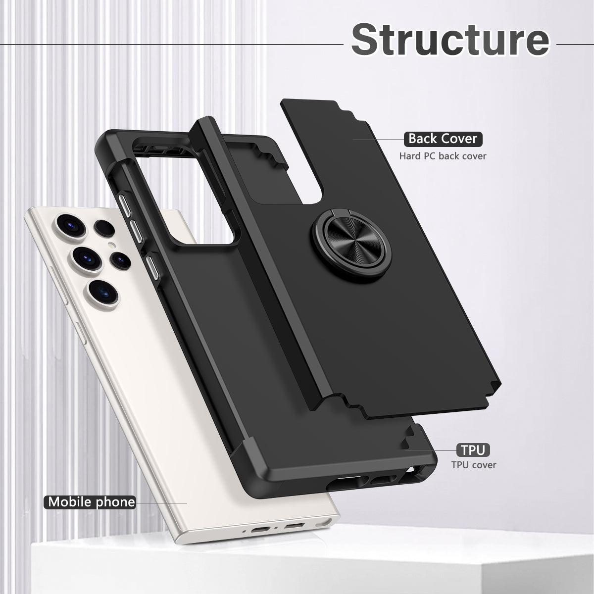 For Samsung Galaxy S24 Ultra Back Case with Kickstand PC+TPU Anti-drop Cover Protector - Black
