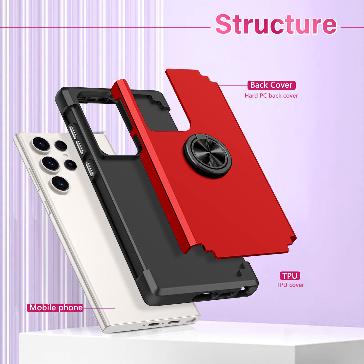 For Samsung Galaxy S24 Ultra Back Case with Kickstand PC+TPU Anti-drop Cover Protector - Red