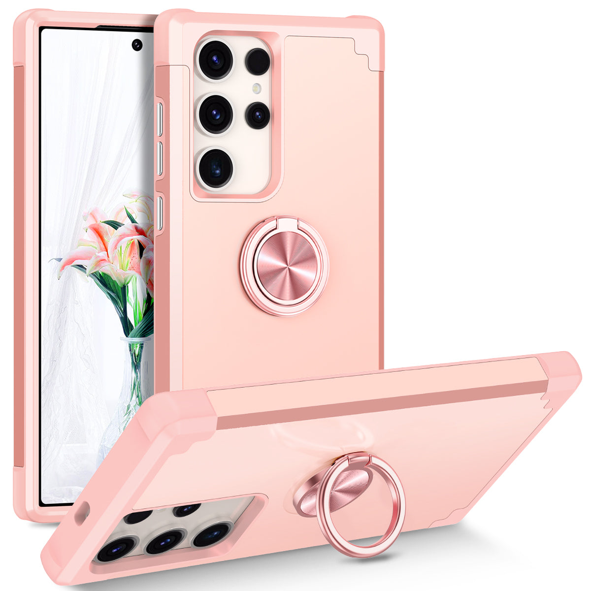For Samsung Galaxy S24 Ultra Back Case with Kickstand PC+TPU Anti-drop Cover Protector - Rose Gold