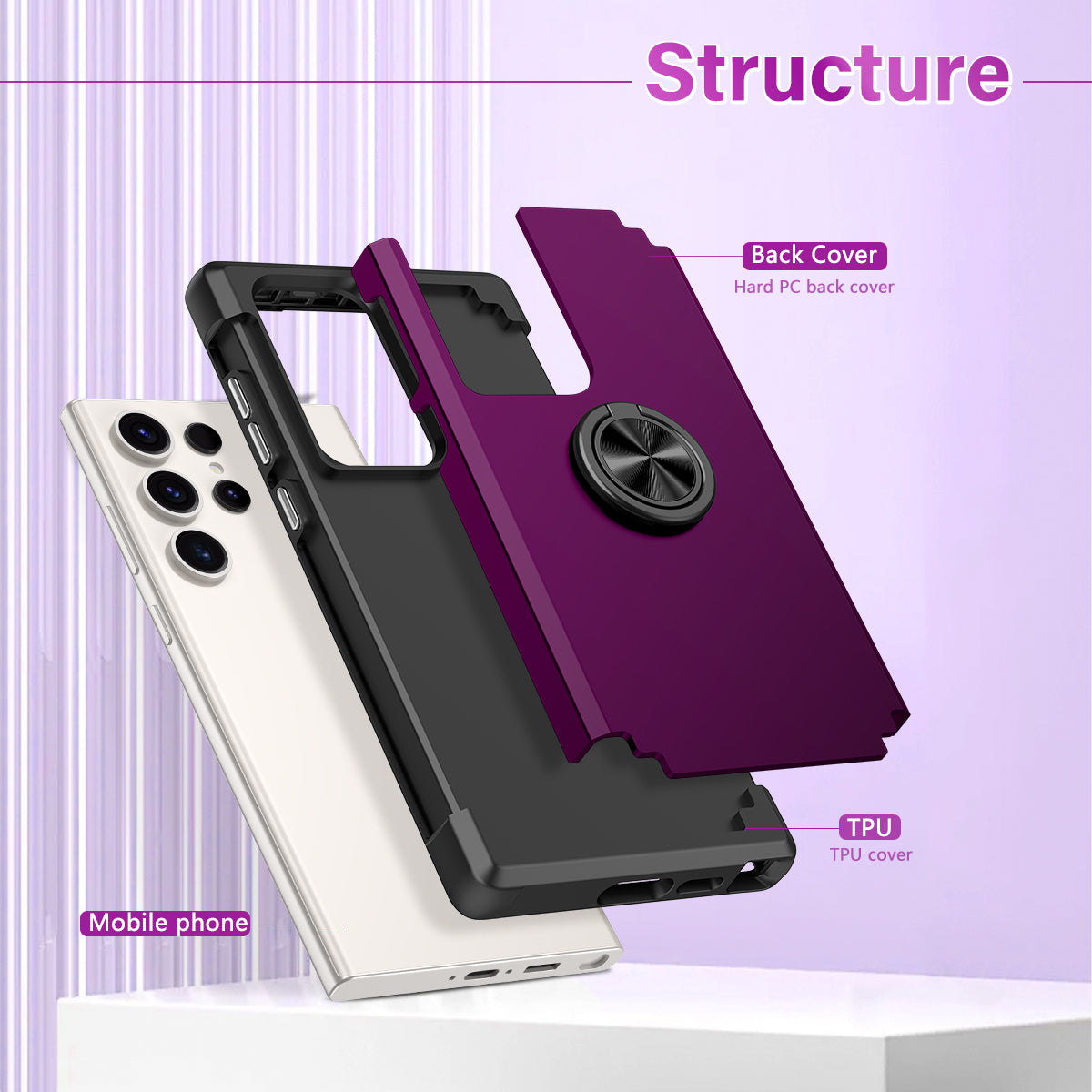 For Samsung Galaxy S24 Ultra Back Case with Kickstand PC+TPU Anti-drop Cover Protector - Dark Purple