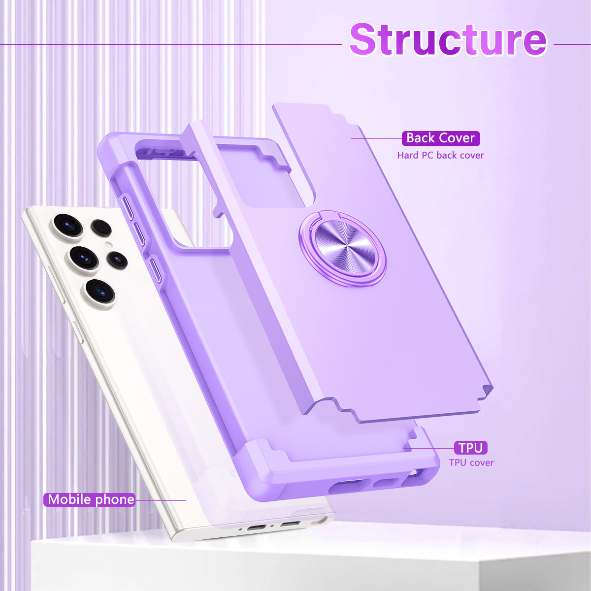 For Samsung Galaxy S24 Ultra Back Case with Kickstand PC+TPU Anti-drop Cover Protector - Purple