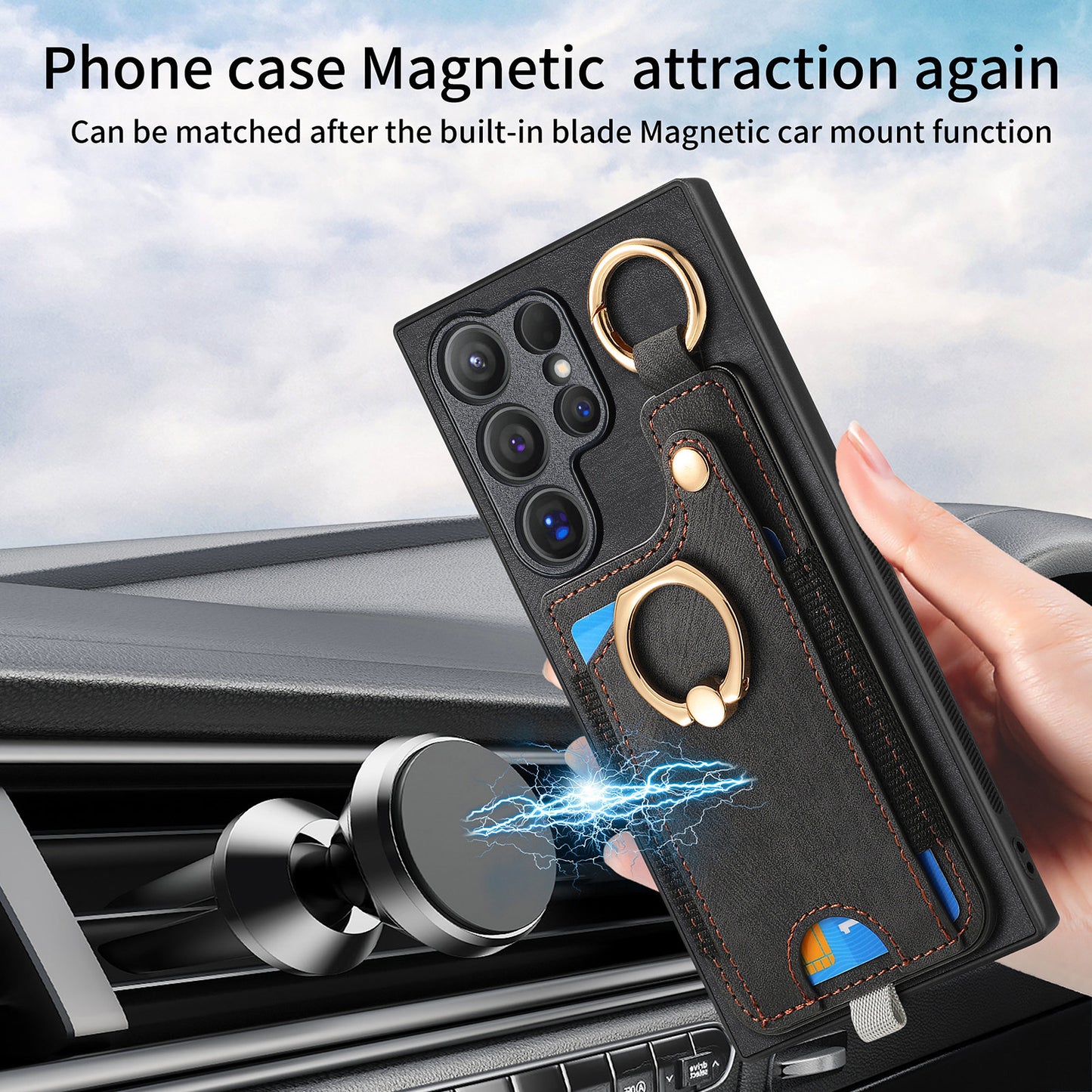 For Samsung Galaxy S24 Ultra Back Case Shockproof Leather Cover with Card Slot Holder - Black