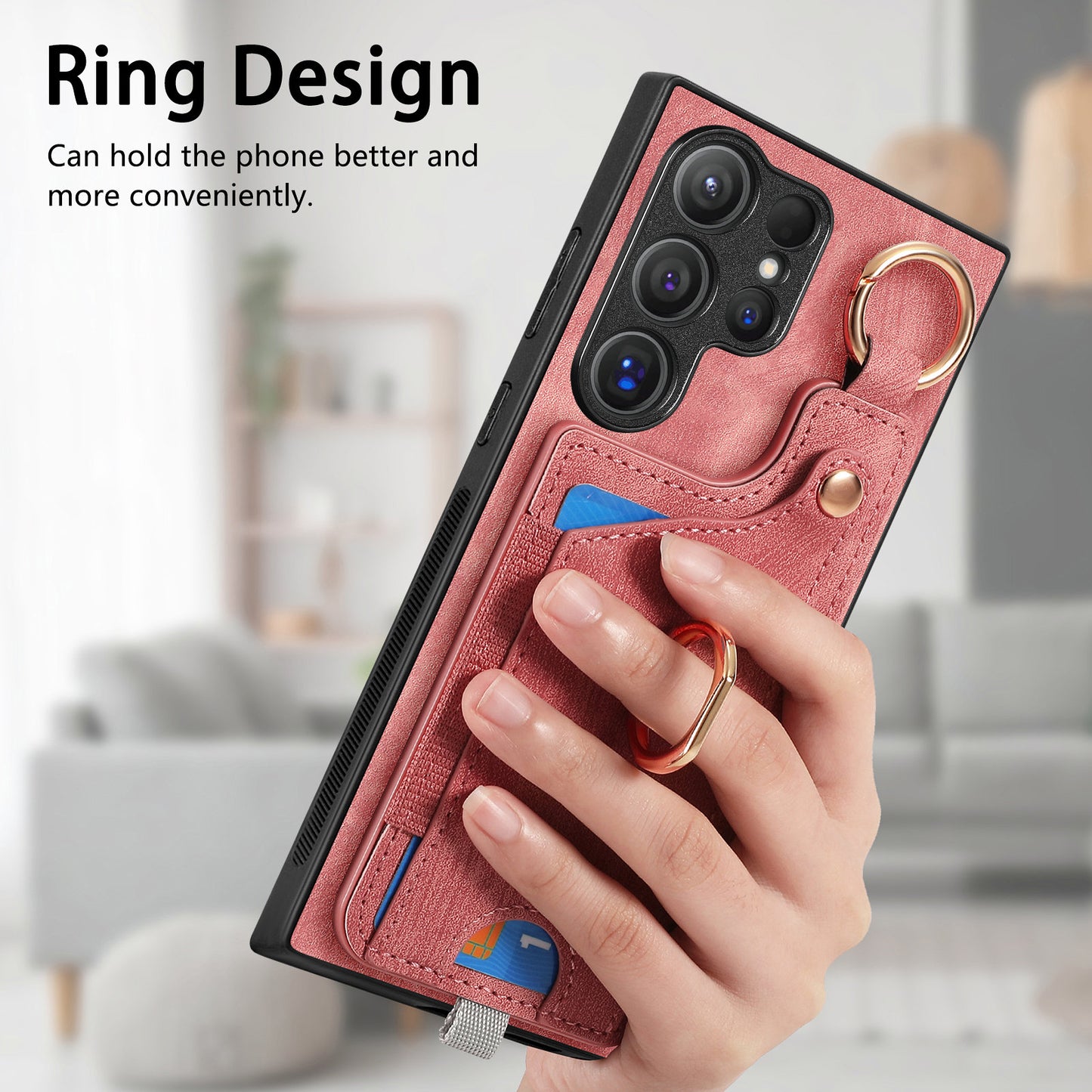 For Samsung Galaxy S24 Ultra Back Case Shockproof Leather Cover with Card Slot Holder - Pink