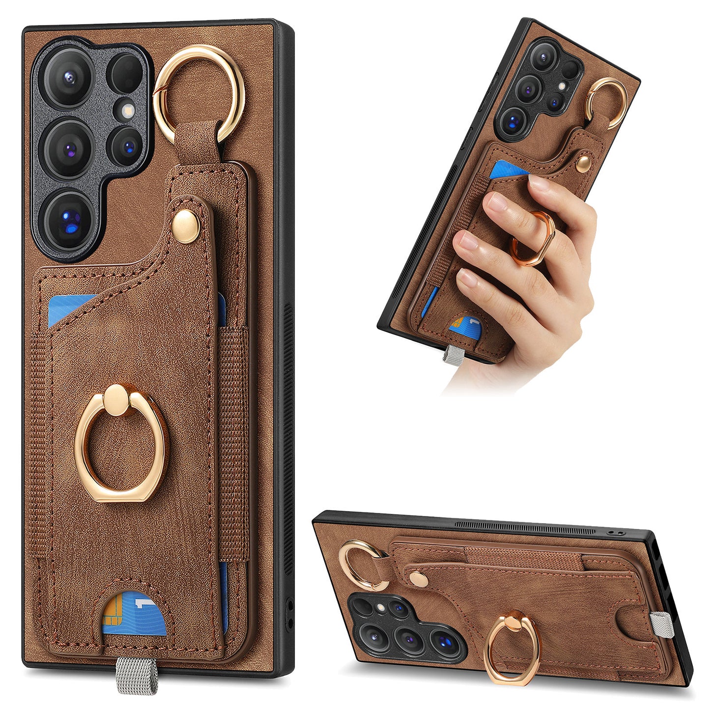 For Samsung Galaxy S24 Ultra Back Case Shockproof Leather Cover with Card Slot Holder - Brown
