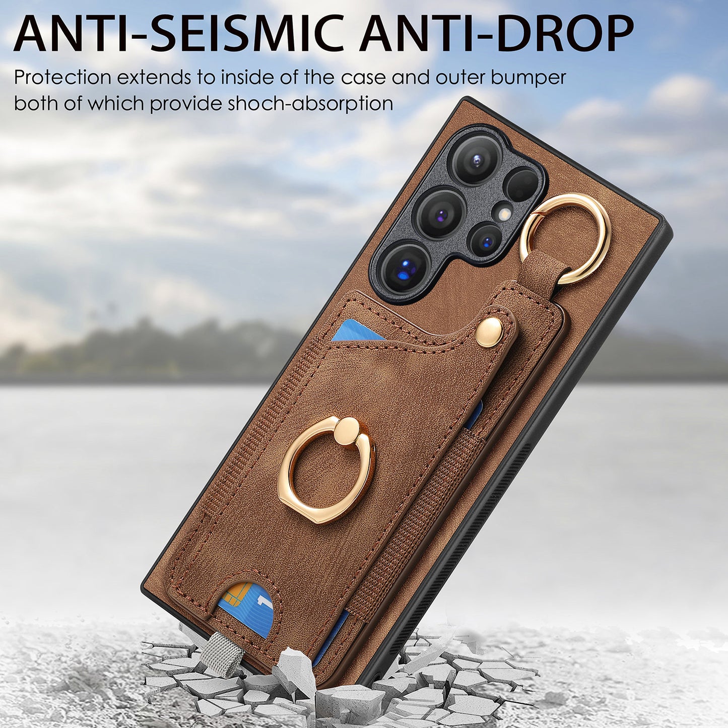For Samsung Galaxy S24 Ultra Back Case Shockproof Leather Cover with Card Slot Holder - Brown