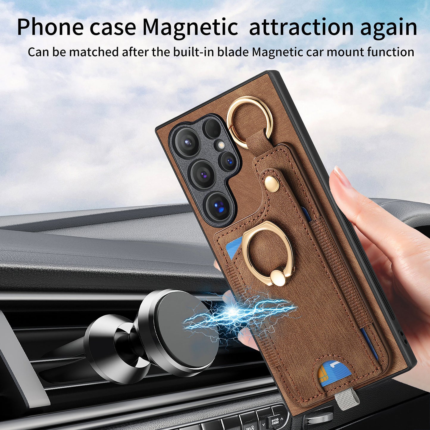 For Samsung Galaxy S24 Ultra Back Case Shockproof Leather Cover with Card Slot Holder - Brown