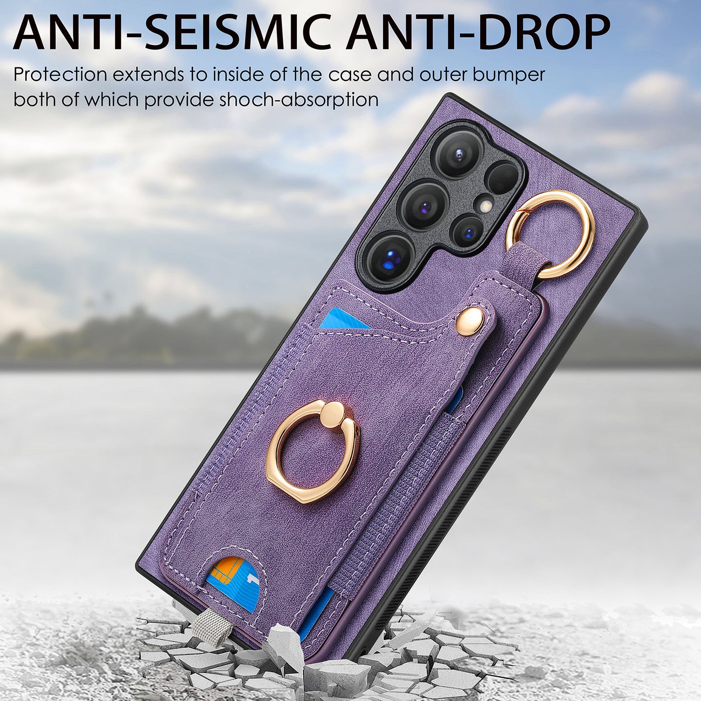 For Samsung Galaxy S24 Ultra Back Case Shockproof Leather Cover with Card Slot Holder - Purple