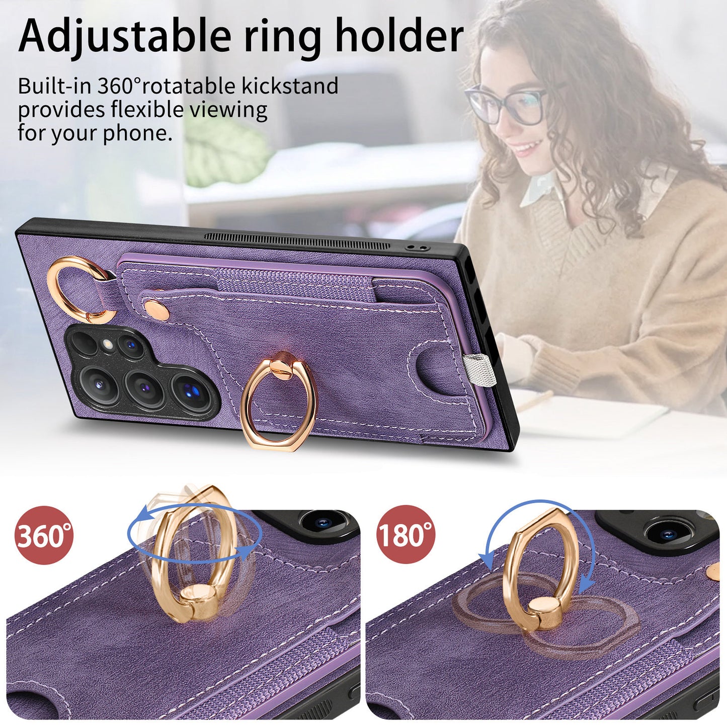 For Samsung Galaxy S24 Ultra Back Case Shockproof Leather Cover with Card Slot Holder - Purple