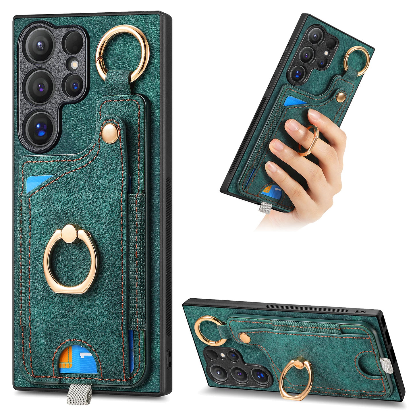 For Samsung Galaxy S24 Ultra Back Case Shockproof Leather Cover with Card Slot Holder - Green