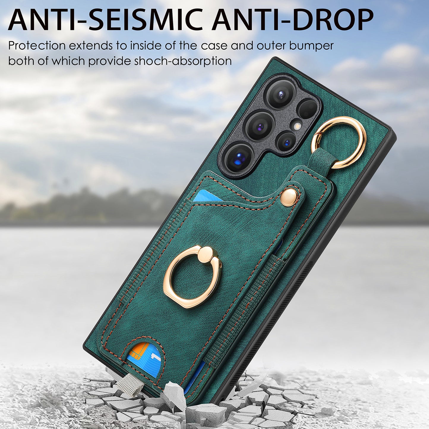 For Samsung Galaxy S24 Ultra Back Case Shockproof Leather Cover with Card Slot Holder - Green