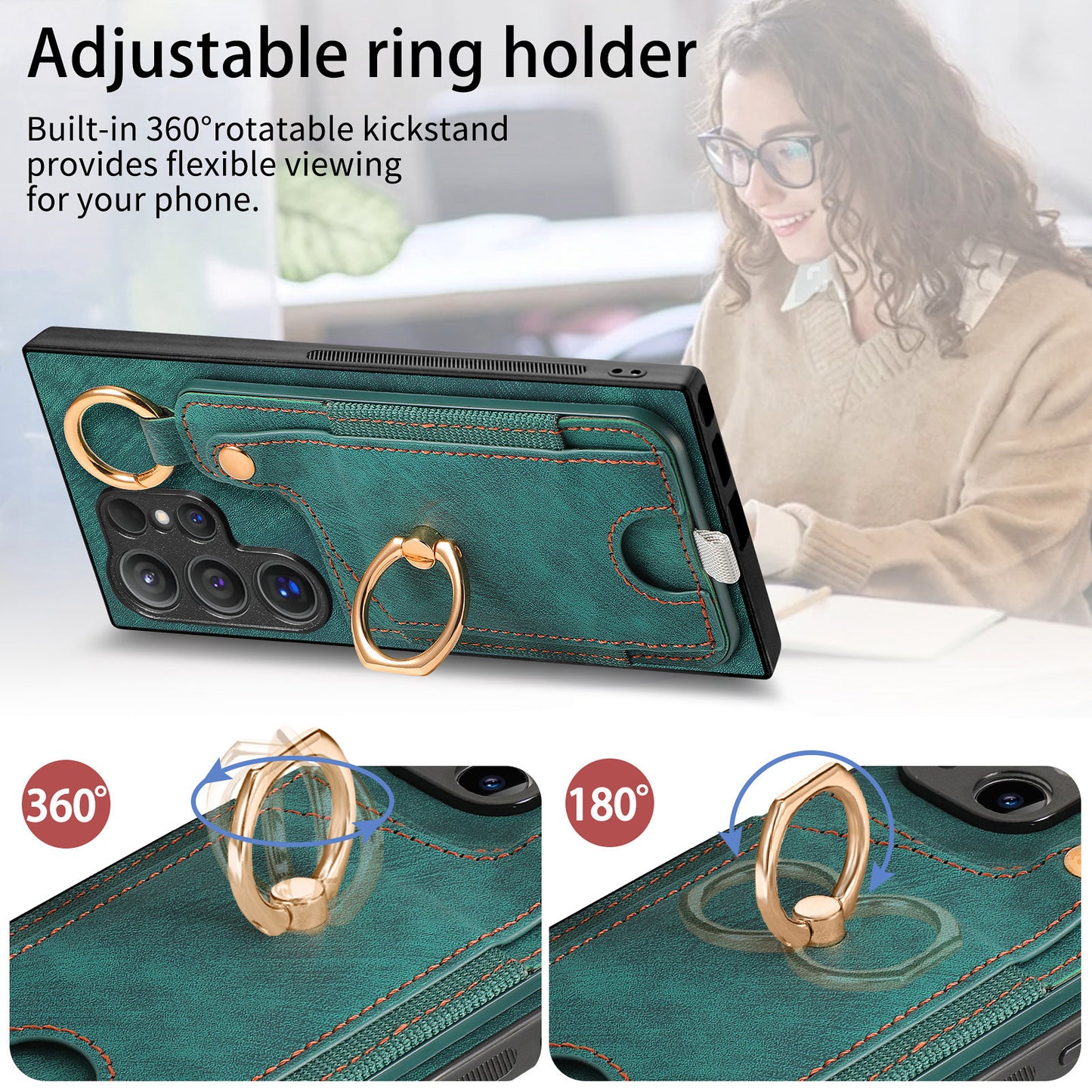 For Samsung Galaxy S24 Ultra Back Case Shockproof Leather Cover with Card Slot Holder - Green