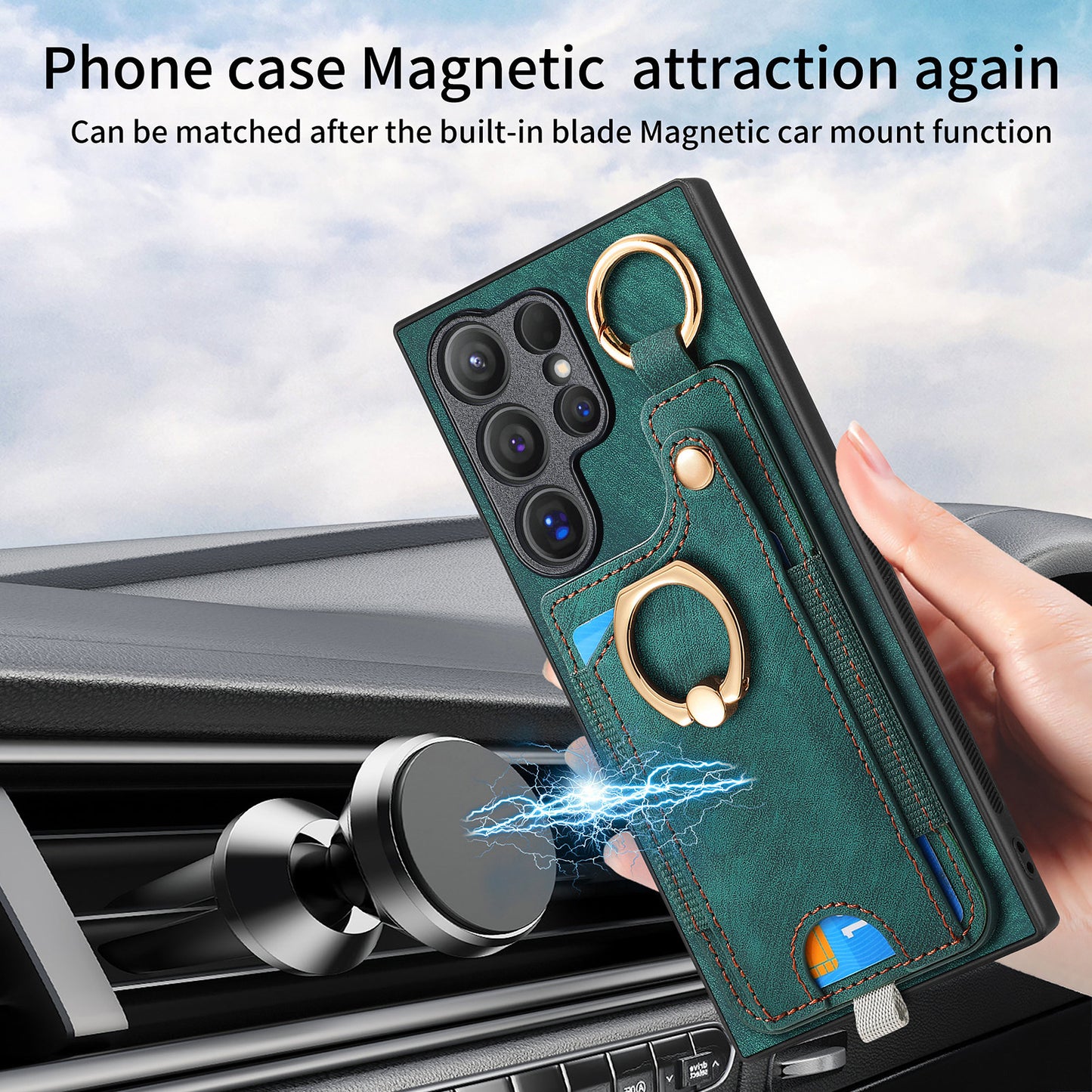 For Samsung Galaxy S24 Ultra Back Case Shockproof Leather Cover with Card Slot Holder - Green