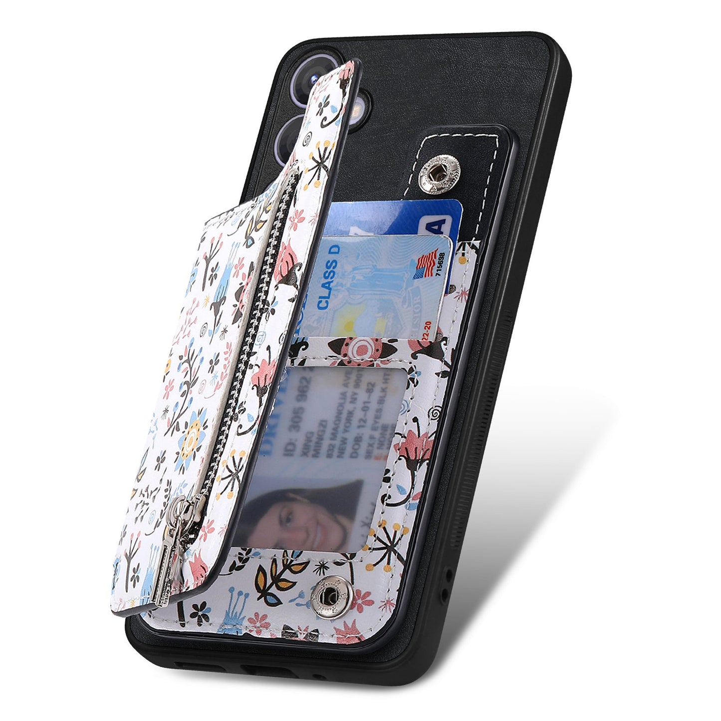 D10 For Samsung Galaxy S24+ Cell Phone Case Pattern Printing Card Bag Zipper Wallet Cover - Black
