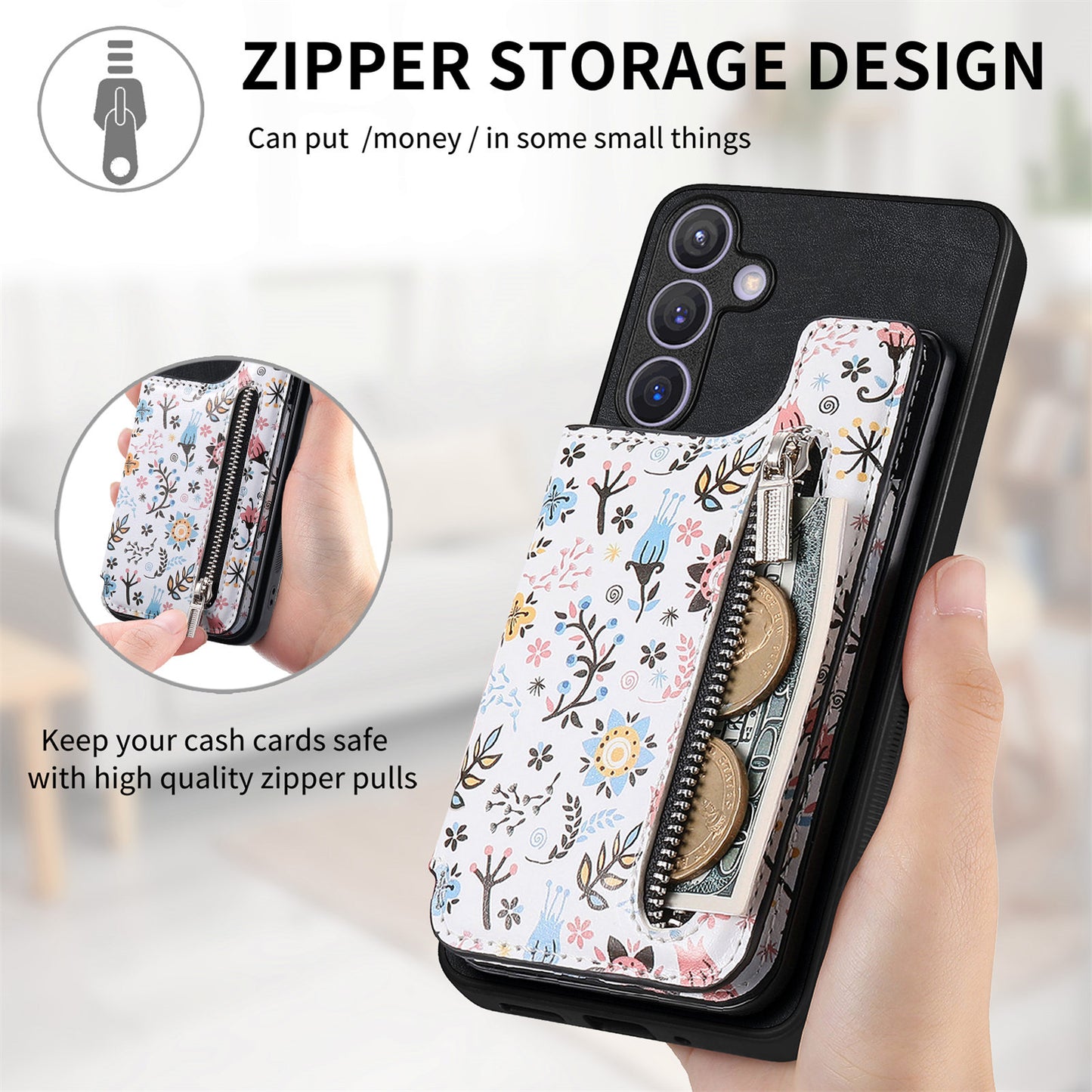 D10 For Samsung Galaxy S24+ Cell Phone Case Pattern Printing Card Bag Zipper Wallet Cover - Black
