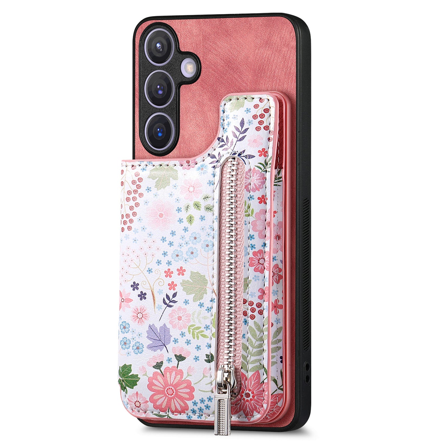 D10 For Samsung Galaxy S24+ Cell Phone Case Pattern Printing Card Bag Zipper Wallet Cover - Pink