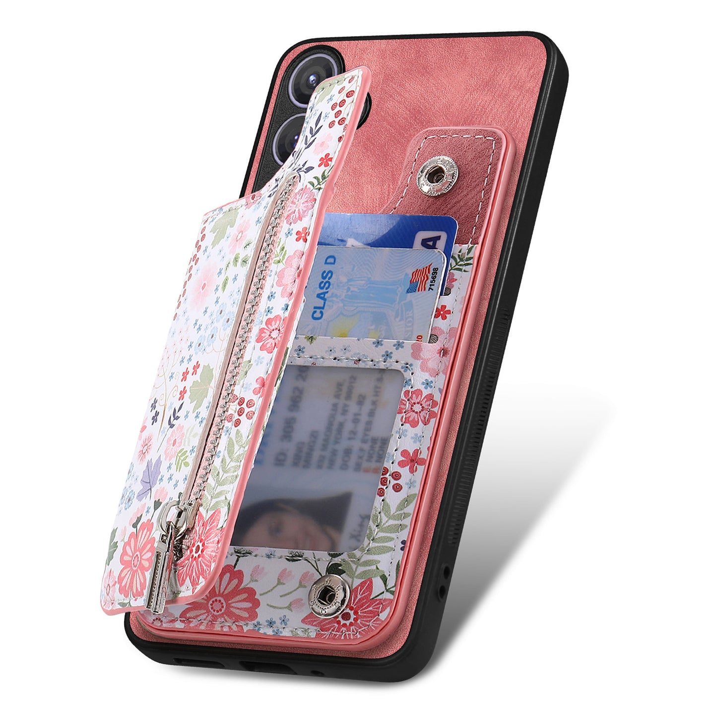 D10 For Samsung Galaxy S24+ Cell Phone Case Pattern Printing Card Bag Zipper Wallet Cover - Pink