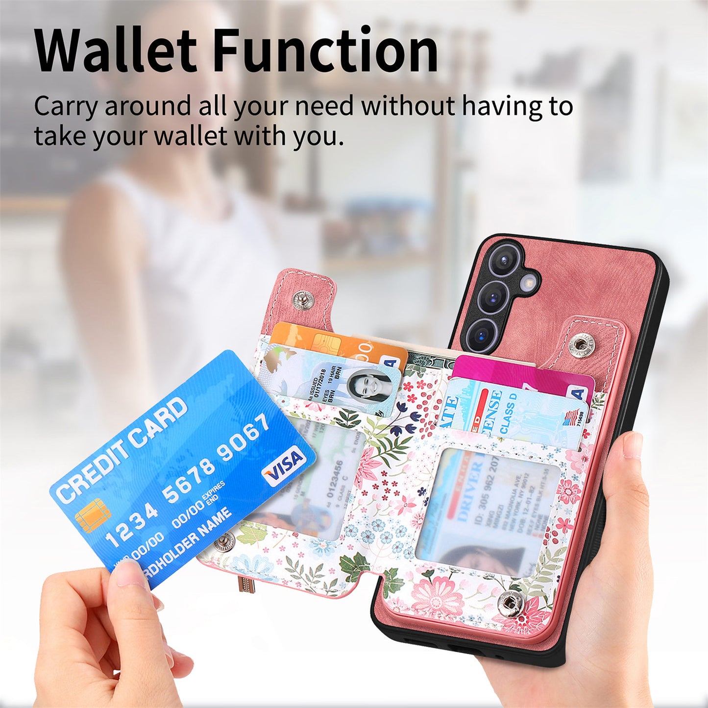 D10 For Samsung Galaxy S24+ Cell Phone Case Pattern Printing Card Bag Zipper Wallet Cover - Pink