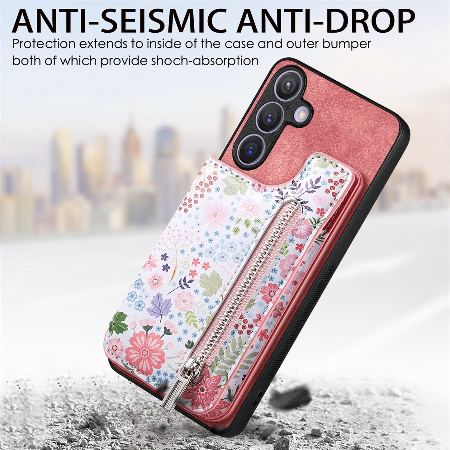 D10 For Samsung Galaxy S24+ Cell Phone Case Pattern Printing Card Bag Zipper Wallet Cover - Pink