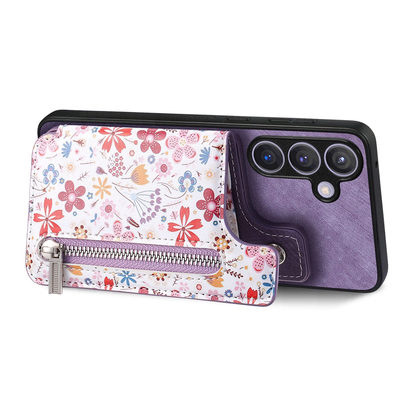 D10 For Samsung Galaxy S24+ Cell Phone Case Pattern Printing Card Bag Zipper Wallet Cover - Purple