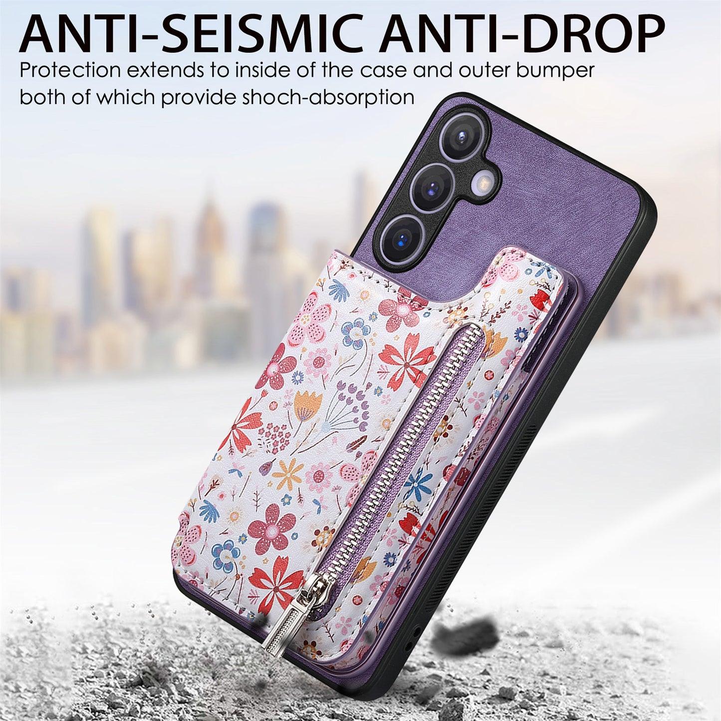 D10 For Samsung Galaxy S24+ Cell Phone Case Pattern Printing Card Bag Zipper Wallet Cover - Purple