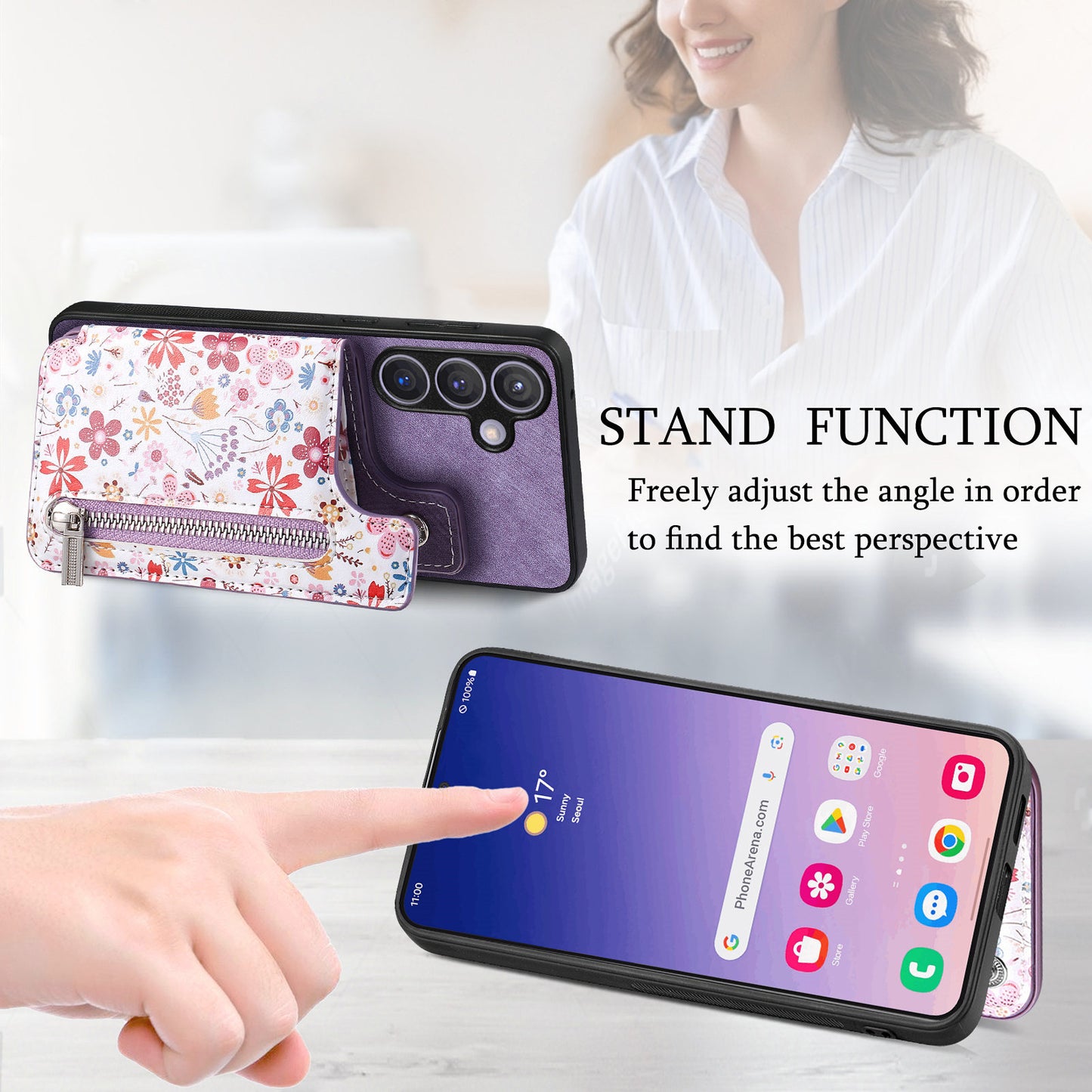 D10 For Samsung Galaxy S24+ Cell Phone Case Pattern Printing Card Bag Zipper Wallet Cover - Purple
