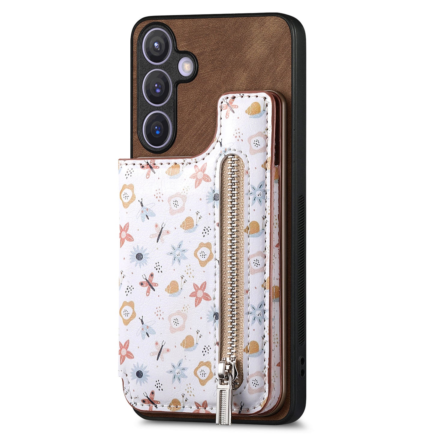 D10 For Samsung Galaxy S24+ Cell Phone Case Pattern Printing Card Bag Zipper Wallet Cover - Brown