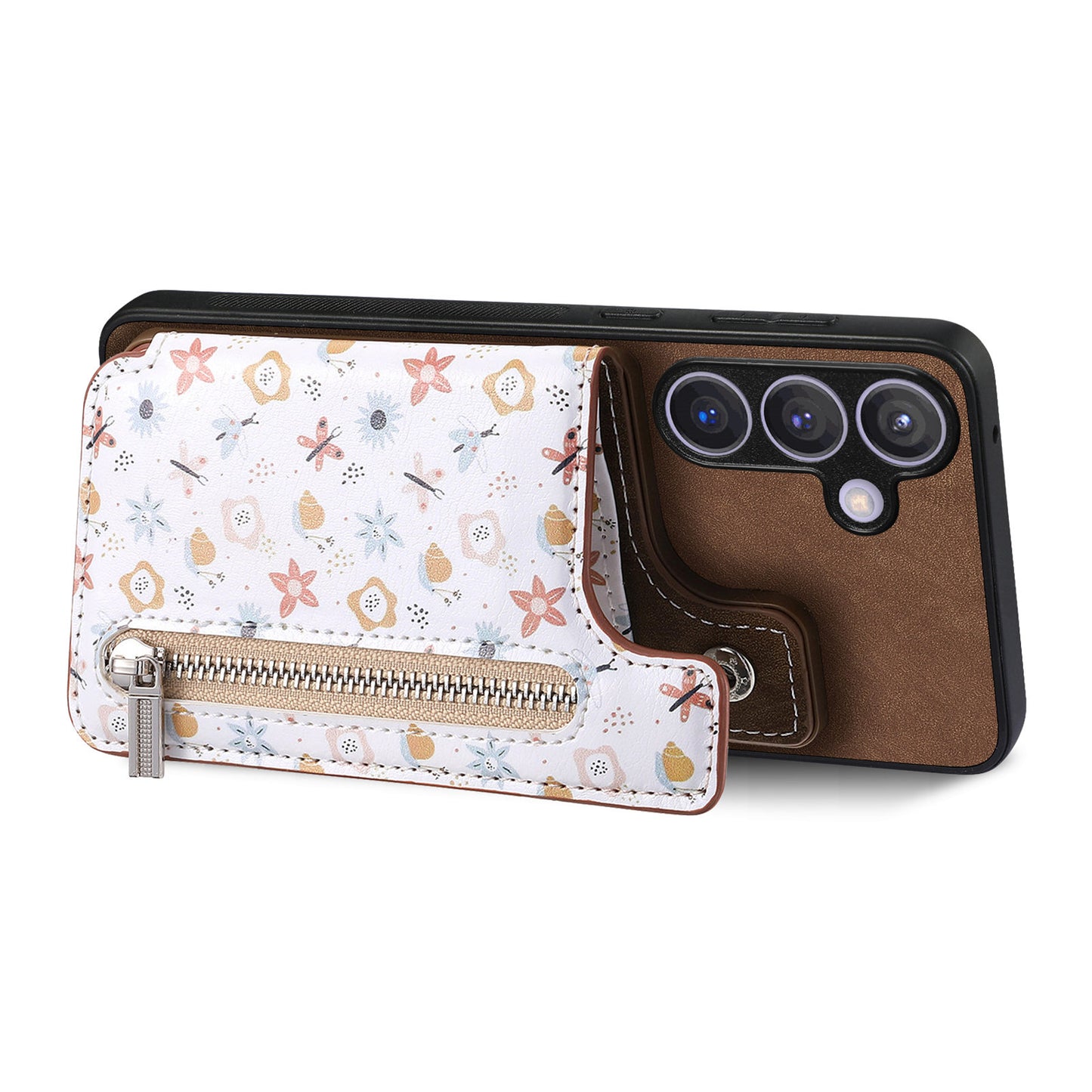D10 For Samsung Galaxy S24+ Cell Phone Case Pattern Printing Card Bag Zipper Wallet Cover - Brown