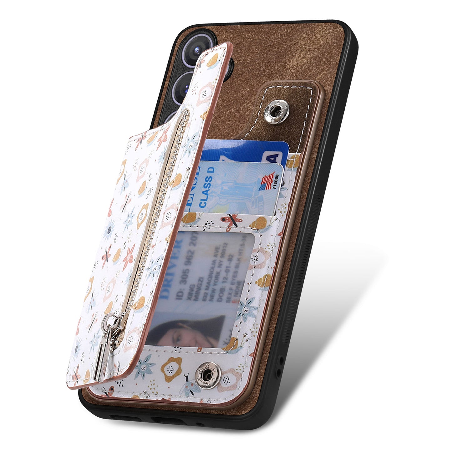 D10 For Samsung Galaxy S24+ Cell Phone Case Pattern Printing Card Bag Zipper Wallet Cover - Brown