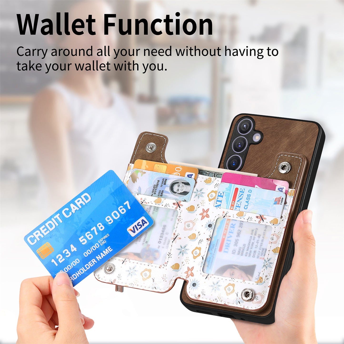 D10 For Samsung Galaxy S24+ Cell Phone Case Pattern Printing Card Bag Zipper Wallet Cover - Brown